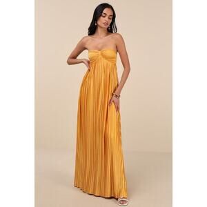 Lulus Whimsical Beauty Golden Yellow Satin Plisse Strapless Maxi Dress - Size M